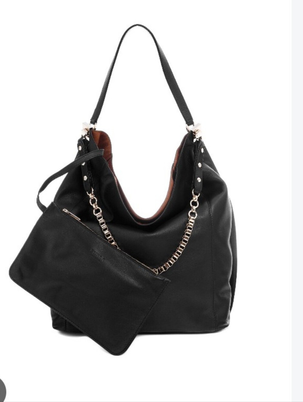 Furla Minerva Hobo Black/ Blue Leather Shoulder Bag with Gold Chain Accent